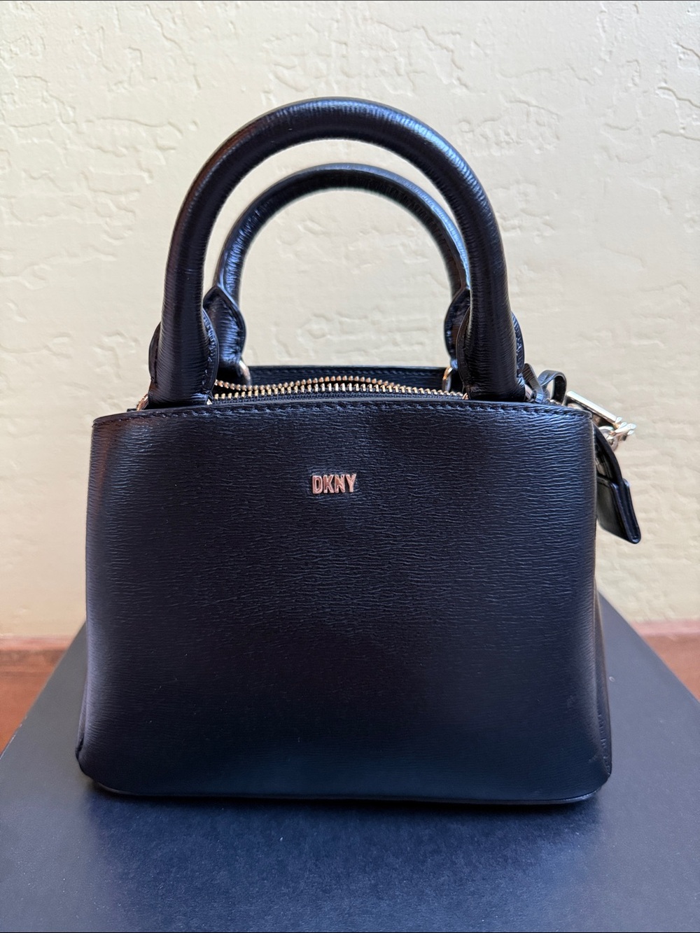 DKNY Black Mini Leather Satchel with Gold Logo